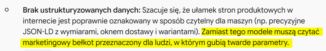Zrzut ekranu z rozmowy z Gemini: „Zamiast tego modele muszą czytać marketingowy bełkot przeznaczony dla ludzi, w którym gubią twarde parametry”
