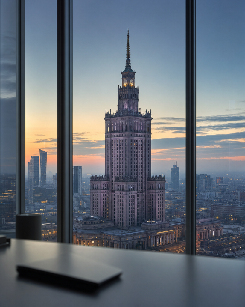 Pałac Kultury i Nauki w Warszawie o świcie, widok z nowoczesnego biura na najwyższym piętrze.