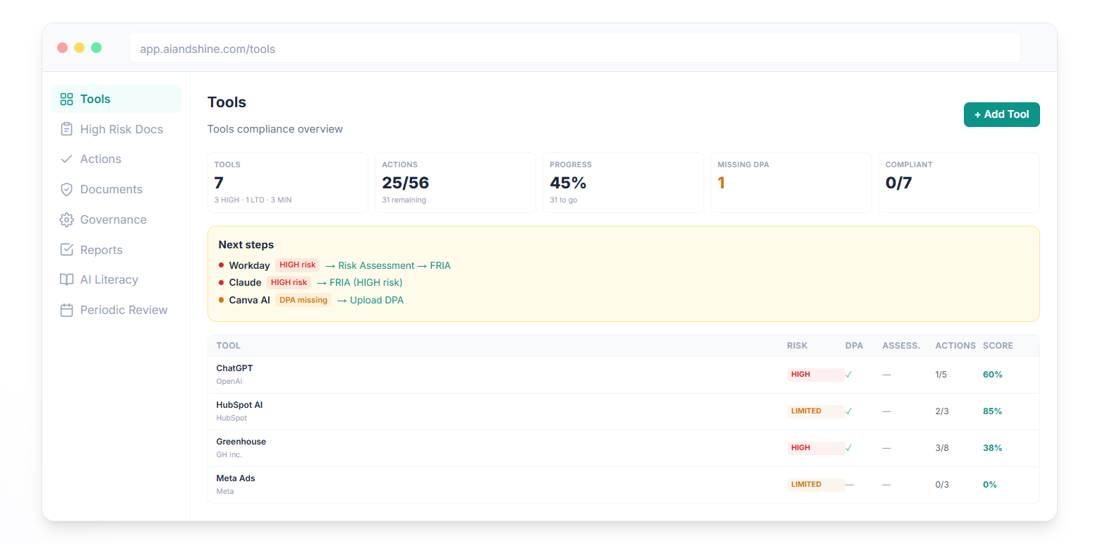 AI and Shine — EU AI Act compliance platform interface